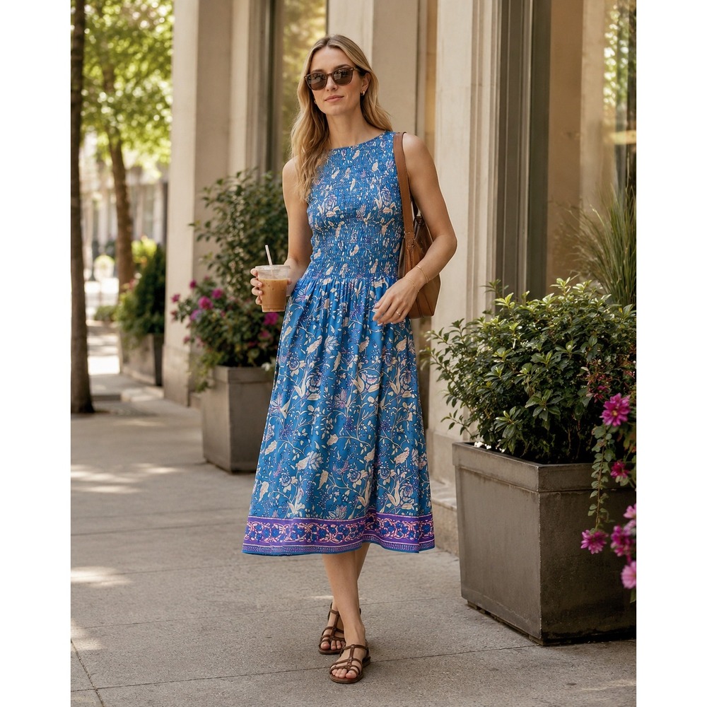 J.Crew Lina Blue Floral Smocked Midi Dress Sz M Coastal Resort Romantic Feminine